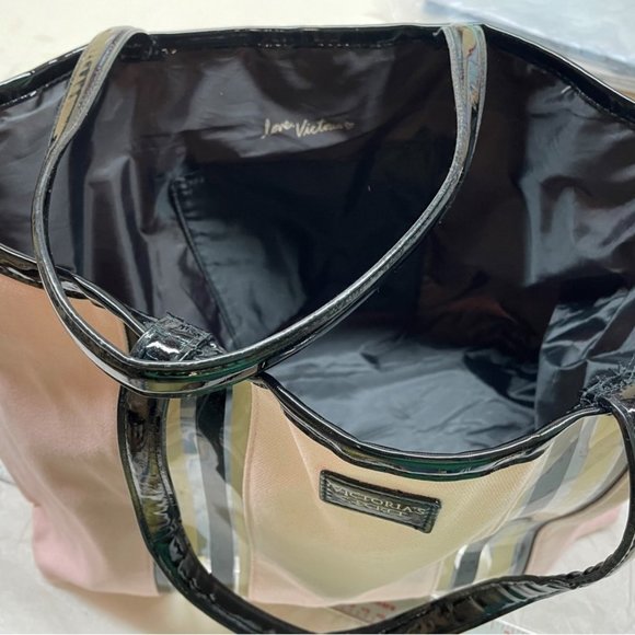 New Victoria's Secret Pink Canvas with Black Gold Stripe Weekender Tote Bag - Picture 6 of 11